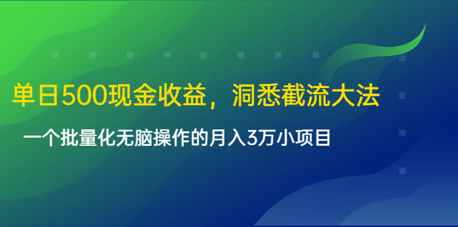 单日500现金收益，洞悉截流大法，一个批量化无脑操作的月入3万小项目| 鹿鸣网创