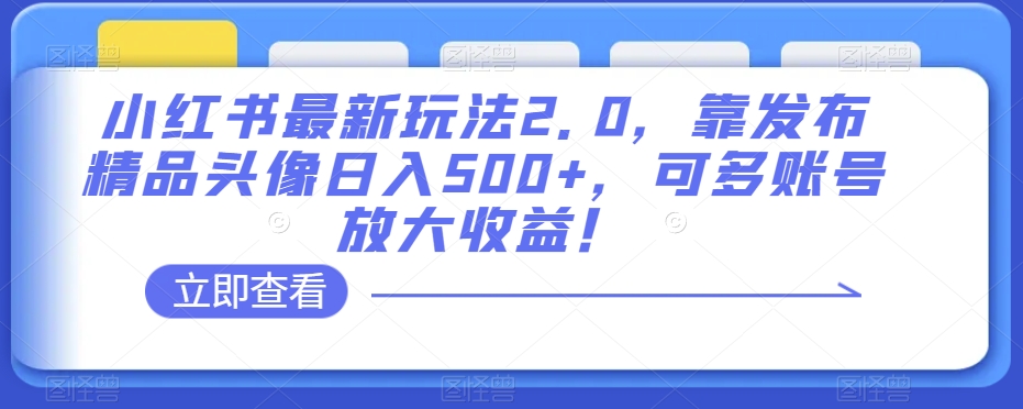 小红书最新玩法2.0,靠发布精品头像日入500+,可多账号放大收益!【揭秘】| 鹿鸣网创