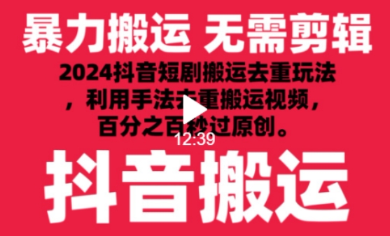 2024最新抖音搬运技术，抖音短剧视频去重，手法搬运，利用工具去重，达到秒过原创的效果【揭秘】| 鹿鸣网创