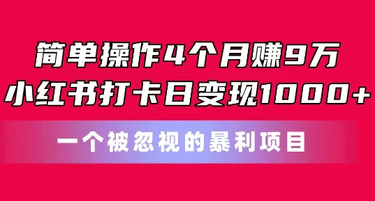 简单操作4个月赚9w,小红书打卡日变现1k,一个被忽视的暴力项目【揭秘】| 鹿鸣网创