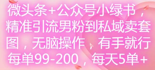 微头条+公众号小绿书,精准引流男粉到私域卖套图,无脑操作,有手就行,每单99-200,每天5单| 鹿鸣网创