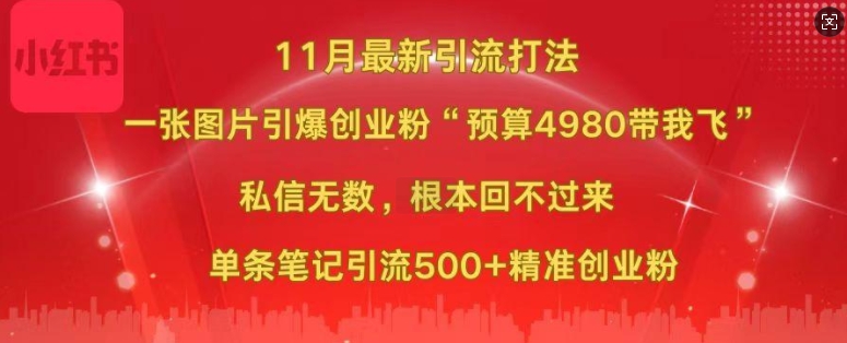 小红书11月最新图片打粉,一张图片引爆创业粉,“预算4980带我飞”,单条引流500+精准创业粉| 鹿鸣网创