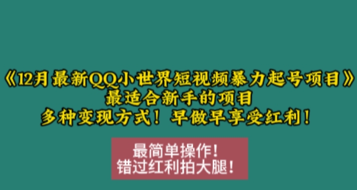 12月最新QQ小世界短视频暴力起号项目，最适合新手的项目，多种变现方式| 鹿鸣网创