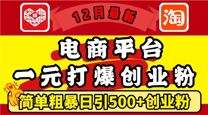 12月最新：电商平台1元打爆创业粉，简单粗暴日引500+精准创业粉，轻松月入过W【揭秘】| 鹿鸣网创