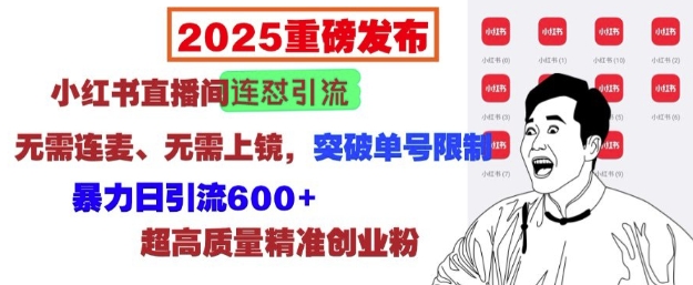 2025重磅发布:小红书直播间连怼引流,无需连麦、无需上镜,突破单号限制,暴力日引流600+| 鹿鸣网创