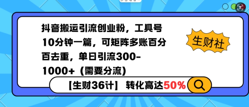 抖音搬运引流创业粉，工具号10分钟一篇，可矩阵多账百分百去重，单日引流300+（需要分流）| 鹿鸣网创