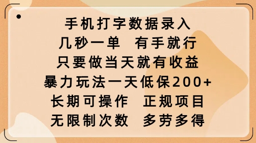 手机打字数据录入,几秒一单,有手就行,只要做当天就有收益,暴力玩法一天低保2张| 鹿鸣网创