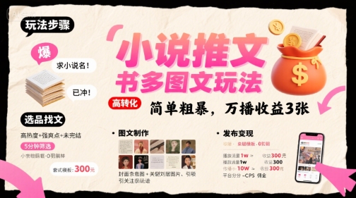 小说推文小红书多图文玩法，简单粗暴，万播收益3张| 鹿鸣网创