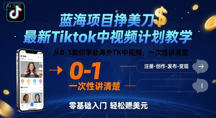 蓝海项目挣美刀，最新Tiktok中视频计划教学，从0-1教你学会海外TK中视频，一次性讲清楚| 鹿鸣网创