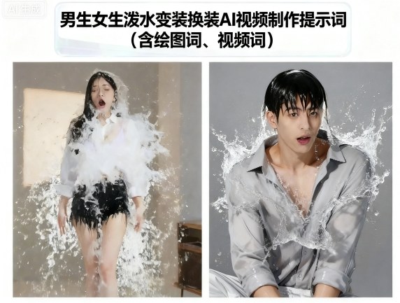 男生女生泼水变装换装AI视频制作提示词(含绘图词、视频词)| 鹿鸣网创