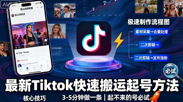 最新Tiktok快速搬运快速起号方法，3-5分钟做一条，起不来的号可以试试| 鹿鸣网创