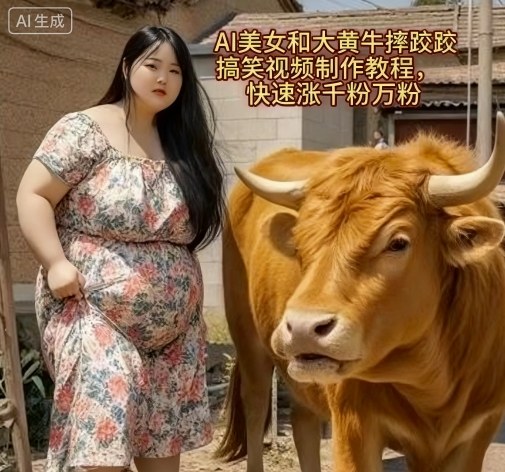 AI美女和大黄牛摔跤搞笑荒诞视频制作教程，快速涨千粉万粉| 鹿鸣网创