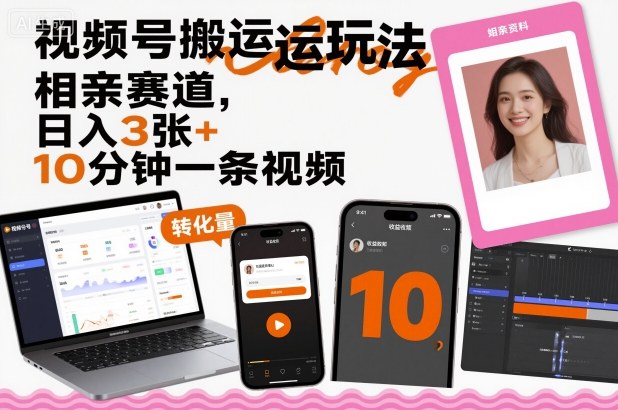 视频号搬运玩法，相亲赛道，日入3张+，10分钟一条视频| 鹿鸣网创