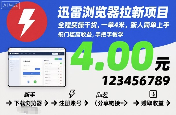 迅雷浏览器拉新项目，全程实操干货，一单4米，新人简单上手| 鹿鸣网创