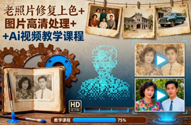 老照片修复上色+图片高清处理+Ai视频教学课程| 鹿鸣网创