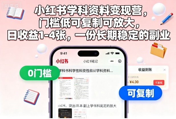 小红书学科资料变现营，门槛低可复制可放大，日收益1-4张，一份长期稳定的副业| 鹿鸣网创