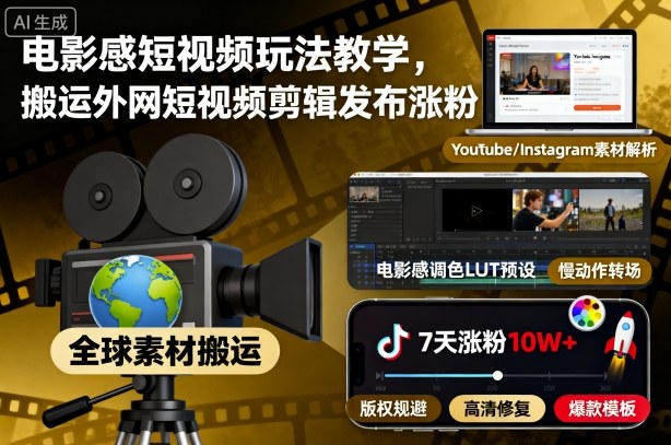 电影感短视频玩法教学，搬运外网短视频剪辑发布涨粉| 鹿鸣网创