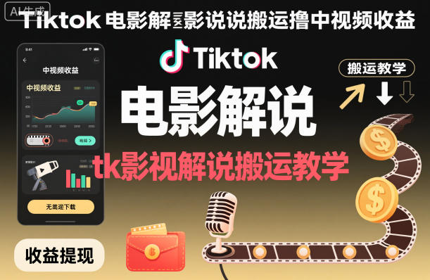 Tiktok电影解说搬运撸中视频收益，tk影视解说搬运教学| 鹿鸣网创