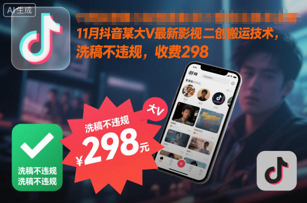 11月抖音某大V最新影视二创搬运技术，洗稿不违规，收费298| 鹿鸣网创