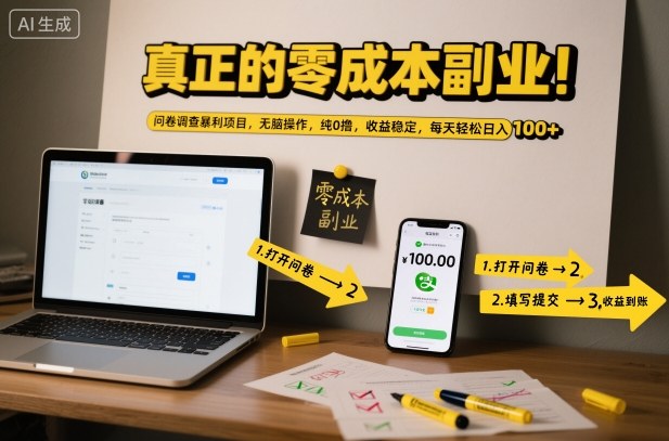 真正的零成本副业！问卷调查暴利项目，无脑操作，纯0撸，收益稳定，每天轻松日入100+【揭秘】| 鹿鸣网创