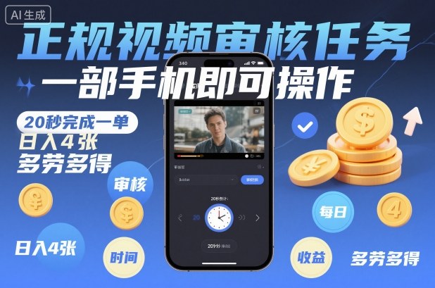 正规视频审核任务，一部手机即可操作，20秒完成一单，日入4张，多劳多得【揭秘】| 鹿鸣网创