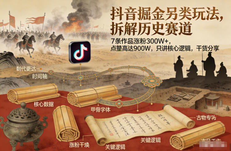 抖音掘金另类玩法，拆解历史赛道，7条作品涨粉300W+，点赞量高达900W，只讲核心逻辑，干货分享| 鹿鸣网创