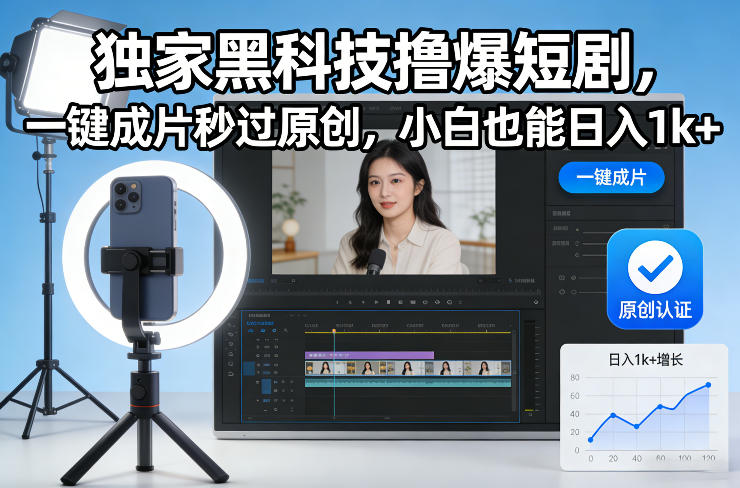 独家黑科技撸爆短剧，一键成片秒过原创，小白也能日入1k+【揭秘】| 鹿鸣网创