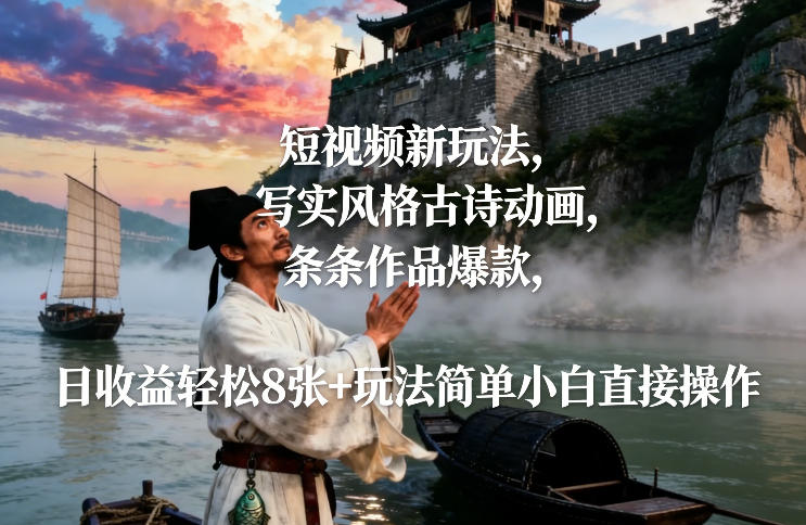 短视频新玩法，写实风格古诗动画，条条作品爆款，日收益轻松8张+玩法简单小白直接操作| 鹿鸣网创