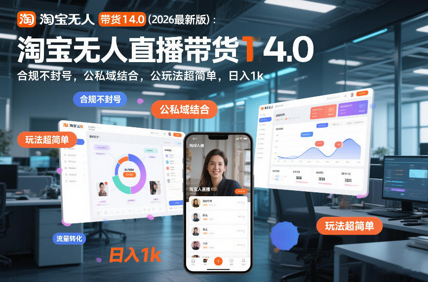 淘宝无人直播带货14.0（2026最新版）：合规不封号，公私域结合，玩法超简单，日入1k+【揭秘】| 鹿鸣网创