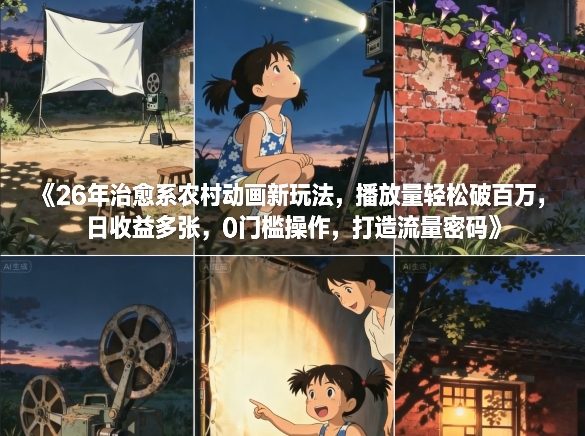 26年治愈系农村动画新玩法，播放量轻松破百万，日收益多张，0门槛操作，打造流量密码| 鹿鸣网创