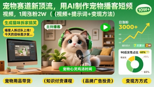 宠物赛道新顶流，用AI制作宠物播客短视频，1周涨粉2W（视频+提示词+变现方法）| 鹿鸣网创