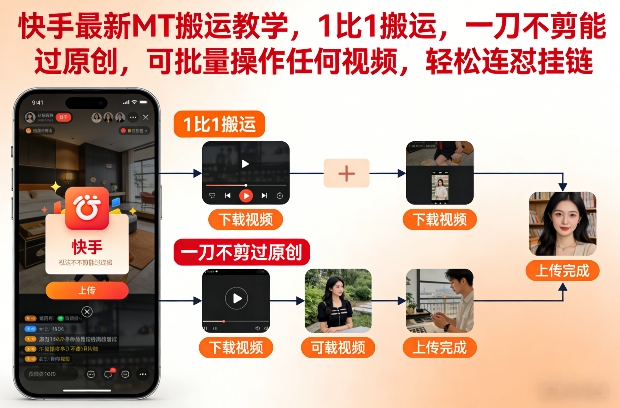 快手最新MT搬运教学，1比1搬运，一刀不剪能过原创，可批量操作任何视频，轻松连怼挂链| 鹿鸣网创