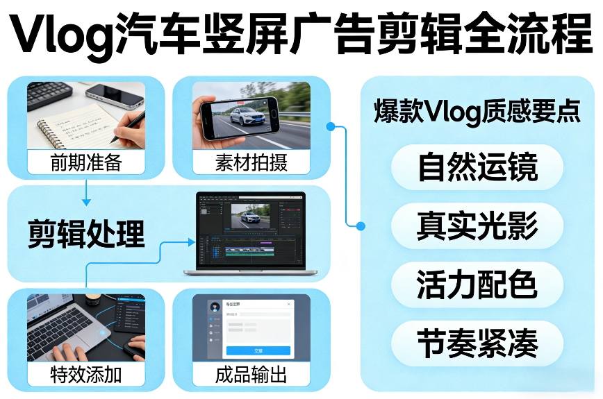 Vlog感觉汽车竖屏广告剪辑脚本全流程，拿捏爆款Vlog质感| 鹿鸣网创