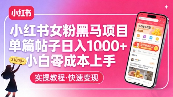 小红书女粉黑马项目，单篇帖子日入1k+，小白零成本上手| 鹿鸣网创