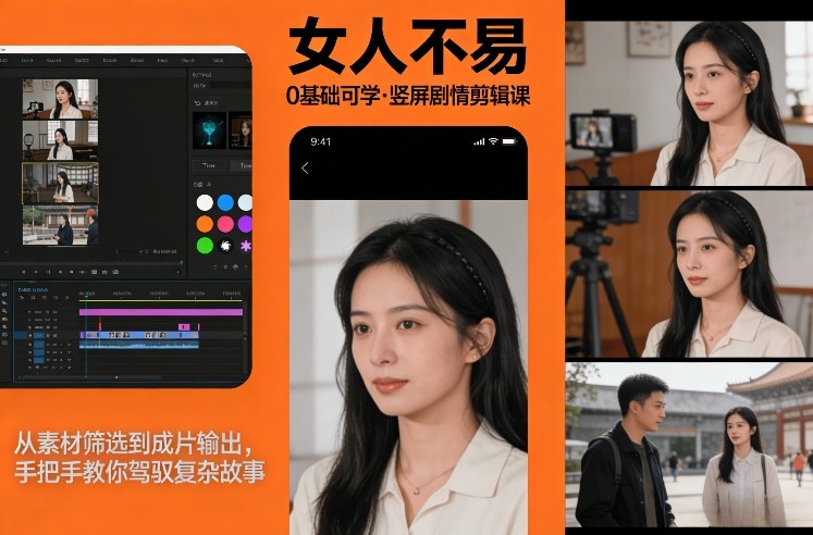 0基础可学！《女人不易》竖屏剧情剪辑课，从素材筛选到成片输出，手把手教你驾驭复杂故事| 鹿鸣网创