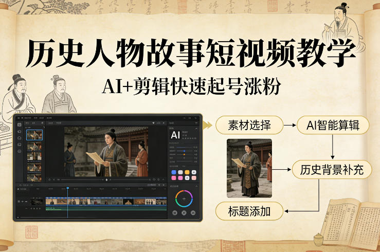 历史人物故事短视频教学，AI+剪辑制作历史人物题材短视频，快速起号涨粉| 鹿鸣网创
