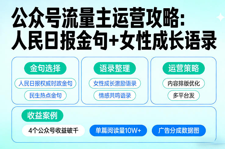 利用人民日报金句+女性成长语录做公众号流量主，4个公众号收益破千| 鹿鸣网创