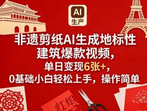 非遗剪纸AI生成地标性建筑爆款视频,单日变现6张+,0基础小白轻松上手,操作简单| 鹿鸣网创