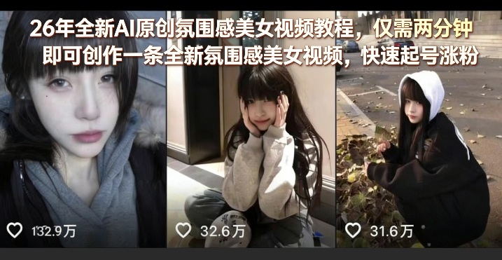 26年全新AI原创氛围感美女视频教程，仅需两分钟即可创作一条全新氛围感美女视频，快速起号涨粉| 鹿鸣网创