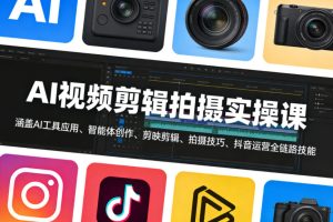 AI视频剪辑拍摄实操课,涵盖AI工具应用、智能体创作、剪映剪辑、拍摄技巧、抖音运营等全链路技能| 鹿鸣网创