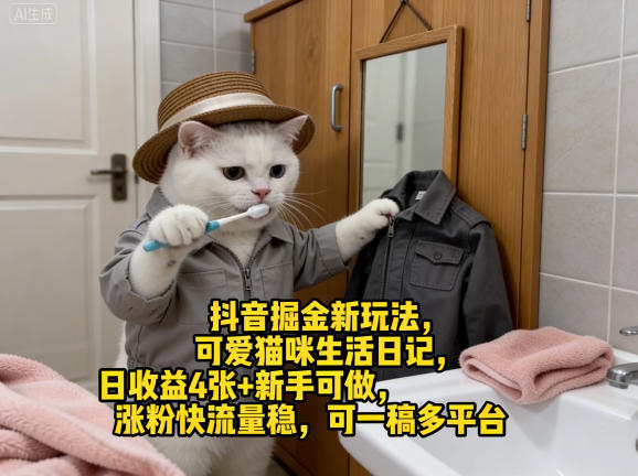 抖音掘金新玩法，可爱猫咪生活日记，日收益4张+新手可做，涨粉快流量稳，可一稿多平台| 鹿鸣网创