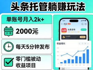 头条托管躺賺玩法，单账号月入2k+，每天5分钟发布即可，零门槛被动收益项目【揭秘】| 鹿鸣网创