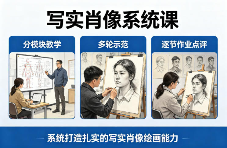 写实肖像系统课，全程分模块教学+多轮示范+逐节作业点评，系统打造扎实的写实肖像绘画能力| 鹿鸣网创