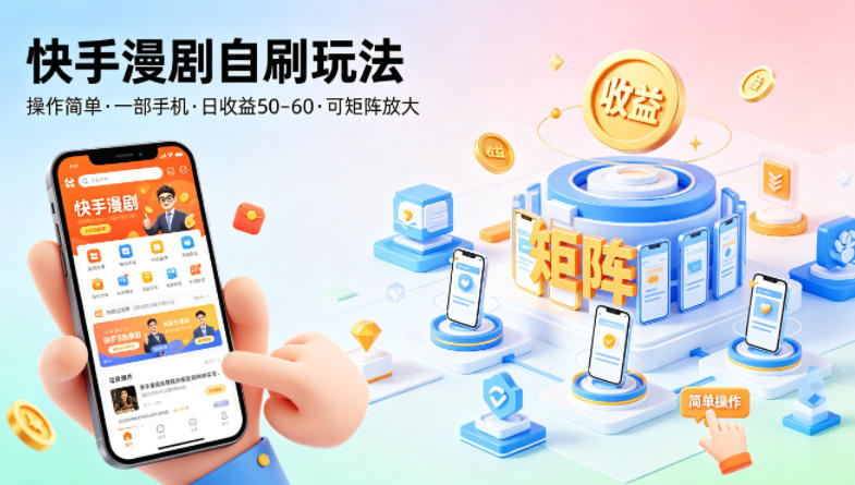 快手漫剧自刷玩法，操作简单，一部手机就可以做，一天50-60收益，可矩阵放大【揭秘】| 鹿鸣网创