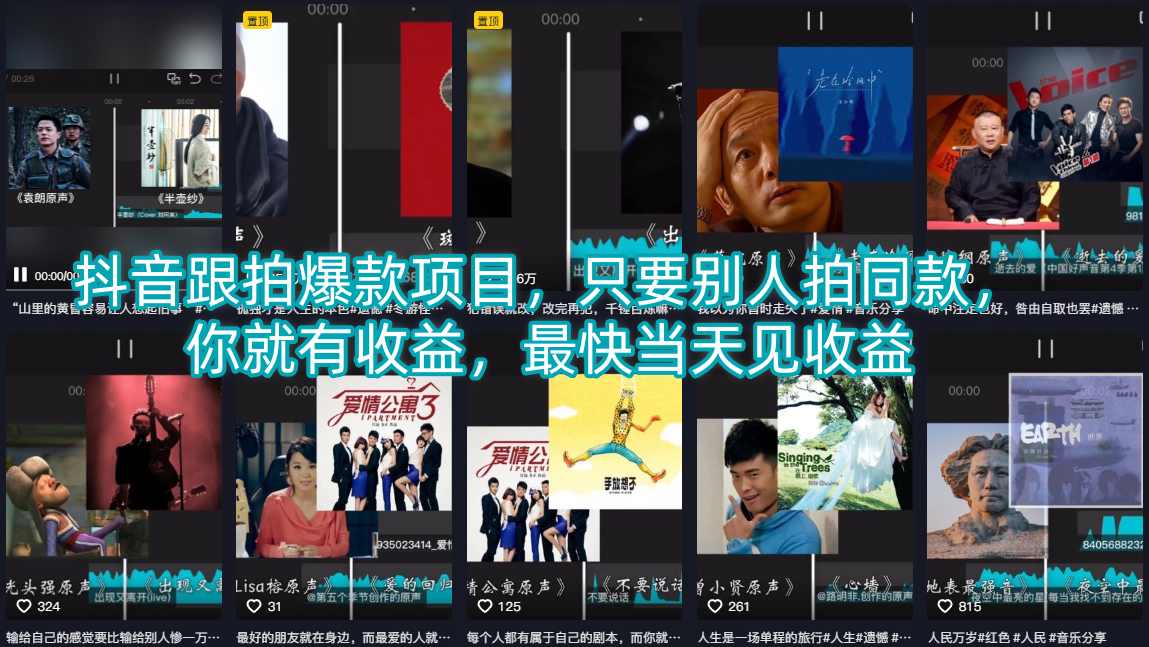 抖音跟拍爆款项目，只要别人拍同款，你就有收益，最快当天见收益| 鹿鸣网创
