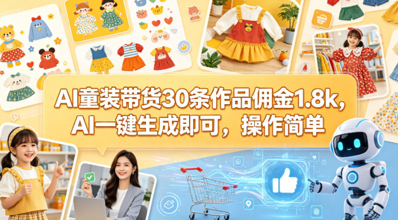 AI童装带货30条作品佣金1.8k，AI一键生成即可，操作简单| 鹿鸣网创