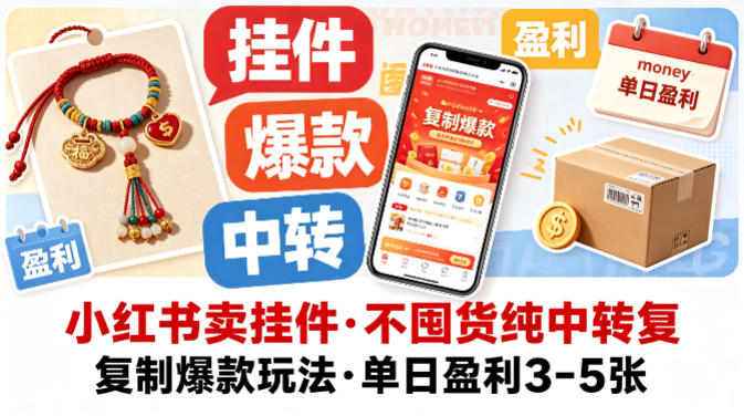 小红书卖挂件，不囤货纯中转复制爆款玩法，单日盈利3-5张| 鹿鸣网创