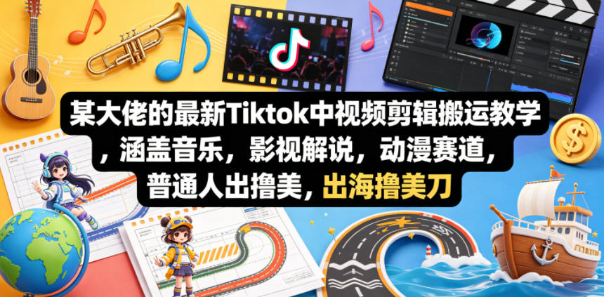 某大佬的最新Tiktok中视频剪辑搬运教学，涵盖音乐，影视解说，动漫赛道，普通人出海撸美刀| 鹿鸣网创