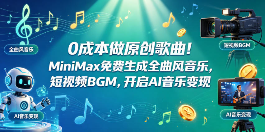 0成本做原创歌曲！MiniMax免费生成全曲风音乐，短视频BGM，开启AI音乐变现| 鹿鸣网创