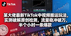 某大佬最新TikTok中视频搬运玩法，实测破解原创检测，流量稳冲破万，半个小时一条爆款| 鹿鸣网创